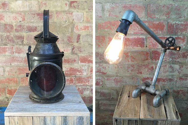 Vintage railway lantern and upcycled lamp