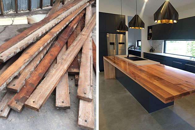 Salvaged roof purlins transformed into designer kitchen benchtop