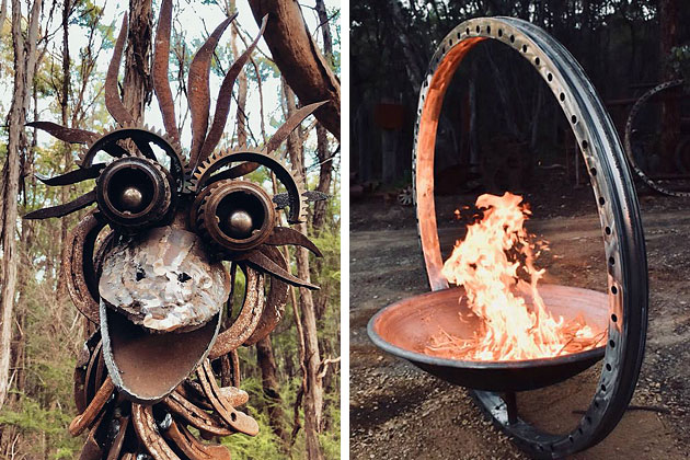 Upcycled metal emu and recycled firepit by Tread Sculptures, Melbourne