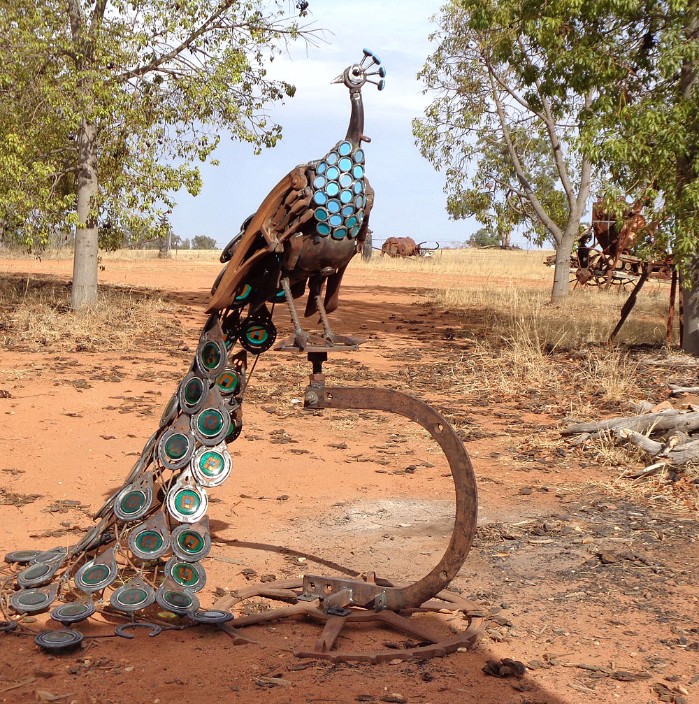 Peacock scrap metal and glass sculpture by Andrew Whitehead, Urana, Australia