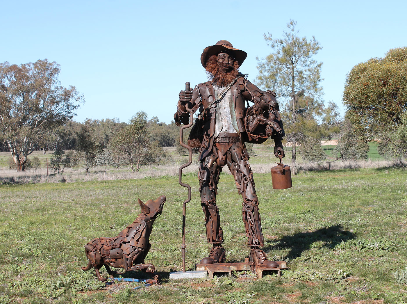 "Jolly Swagman" scrap metal sculpture with billy and dog by Andrew Whitehead, Urana, Australia