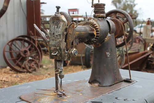 Sewing machine detail from "Seamstress" scrap metal sculpture by Andrew Whitehead, Urana, Australia