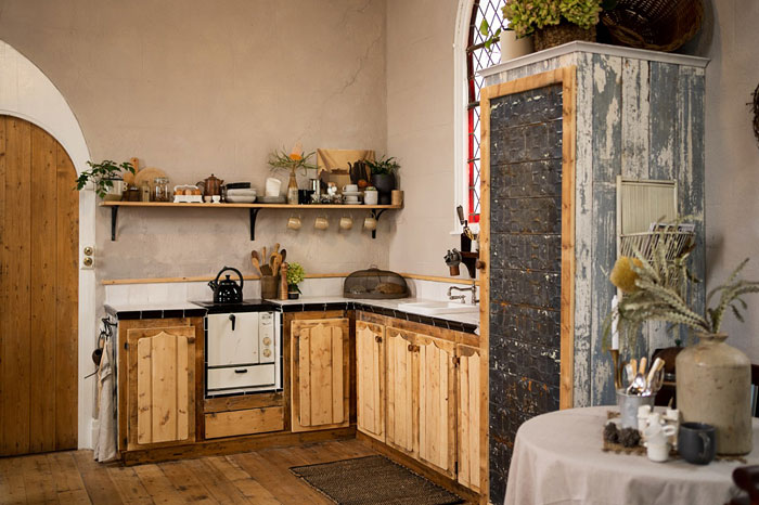 Upcycled and repurposed kitchen in Grayling's Gift airbnb church conversion by Salvage Merchants