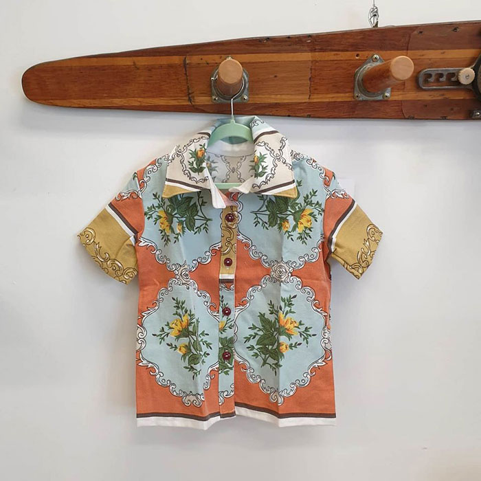 Upcycled water-ski coat rack and tablecloth shirt