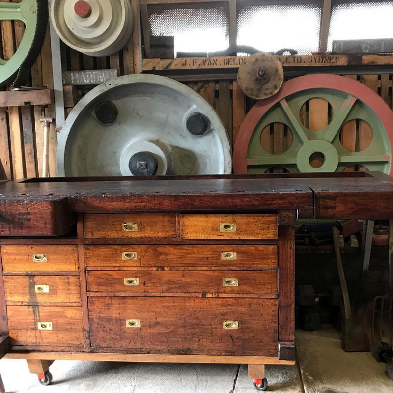 Beautiful restored industrial work bench with drawers underneath, Halsey Road Reyclers, Melbourne