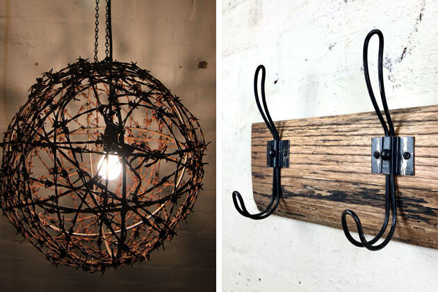 Barbed wire light fitting, recycled timber coat rack, Mulbury, Australia