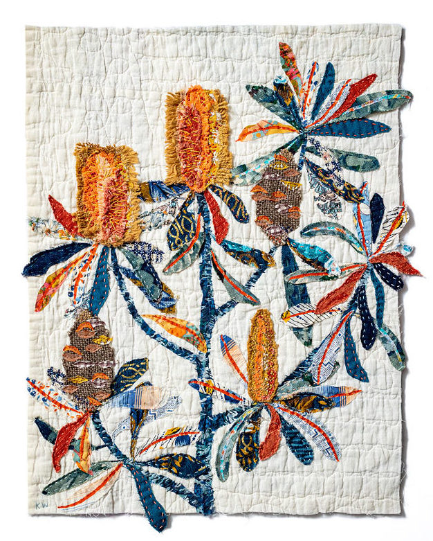 Slow stitching applique Blue Banksia by Kylie Wright, Wattle&Loop. Repurposed and upcycled fabrics
